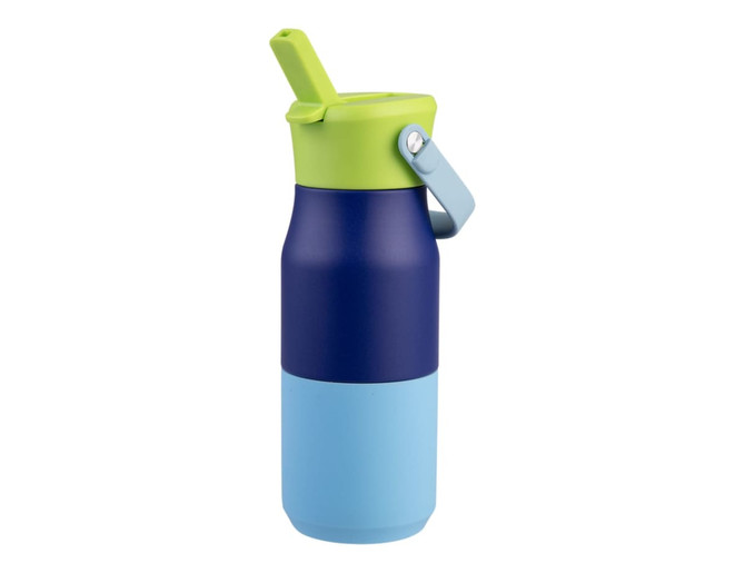 A drink bottle in navy blue, light blue, and green with a straw and a carry handle. Features a logo.