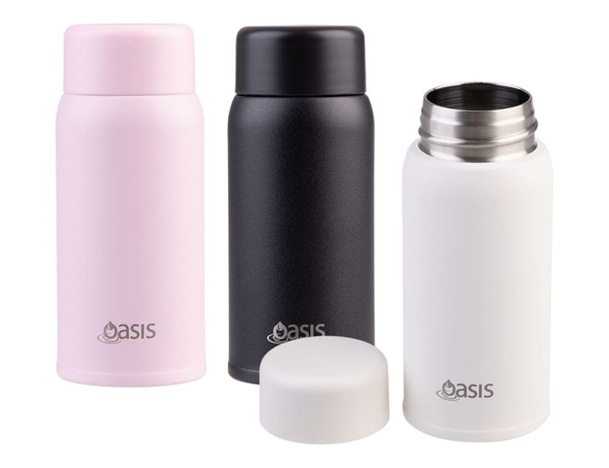 A drink bottle set featuring insulated mini bottles in pink, black, and white, each with a silver stainless steel interior and a logo.
