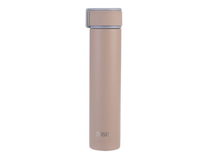 A drink bottle in a light brown shade, featuring a sleek design and a silver cap. It has a branding logo.