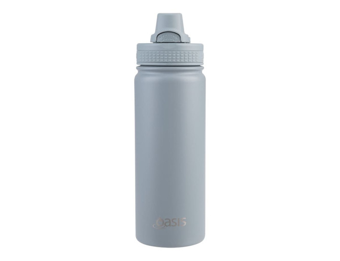 A drink bottle in matte grey with a quick release cap and a logo on the side.