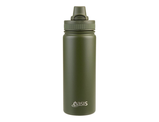 A drink bottle in olive green featuring a quick release cap and a logo on the front.