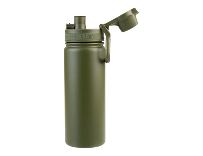 A drink bottle in matte olive green with a quick release cap and a prominent brand logo.