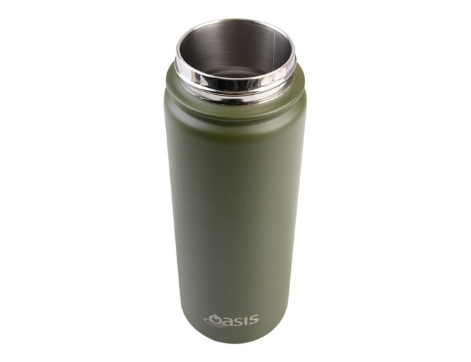 A drink bottle in olive green with a stainless steel inner lining and a logo on the front.