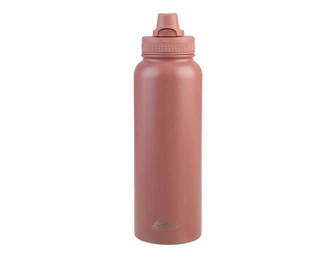 A drink bottle in a matte pink colour with a quick release cap and logo on the side.