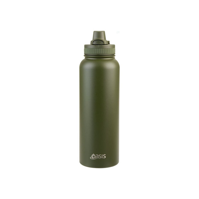 A drink bottle in olive green with a quick release cap and a branding logo on the side.