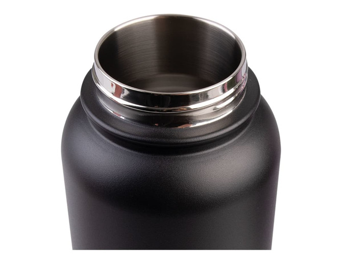 A drink bottle with a black matte finish and a stainless steel rim around the opening. Features a logo.