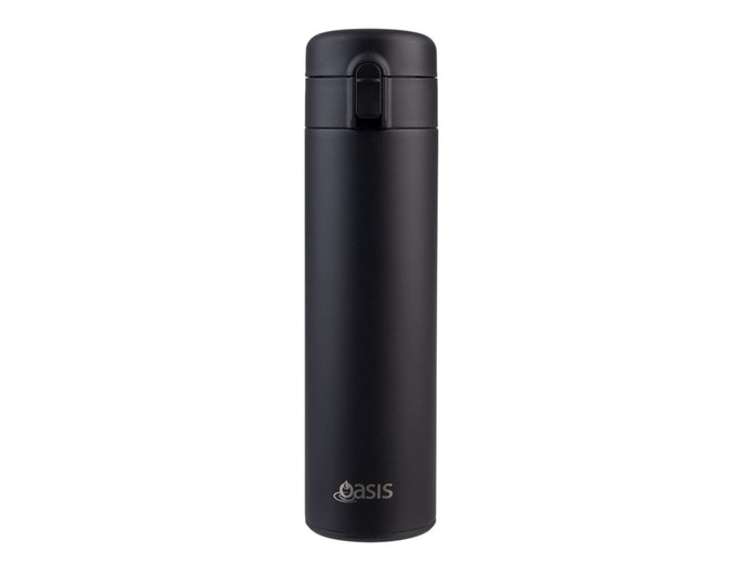 A drink bottle, black insulated flip-top flask with a sleek design and a logo on the front.