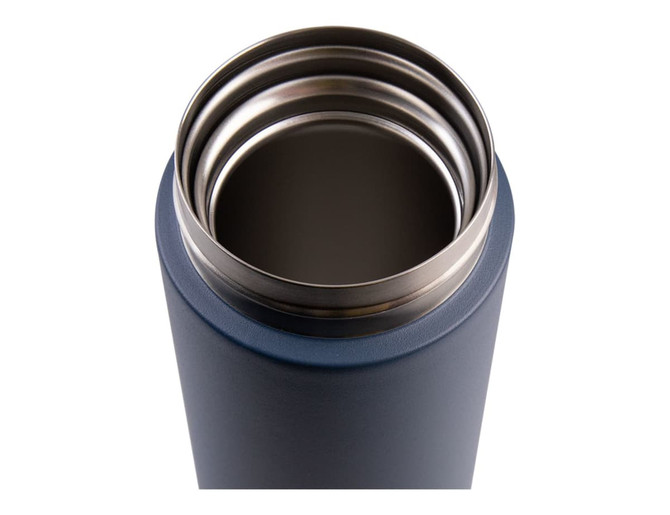 A drink bottle in navy blue with a stainless steel interior and a wide flip-top opening. Features a logo.