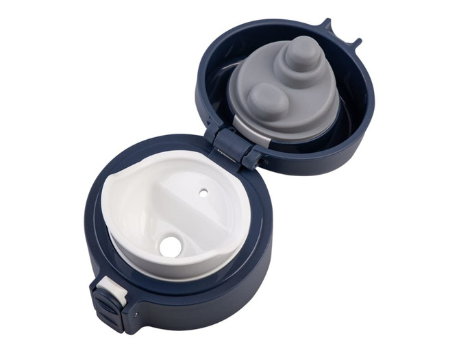 A drink bottle with a navy blue insulated body and a grey and white flip-top lid featuring two openings.