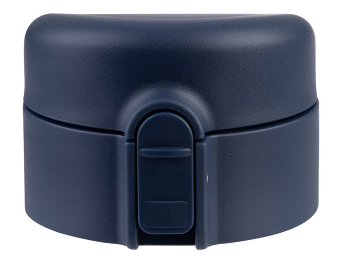 A drink bottle in navy with a flip-top lid. It features a secure closure and has a branding logo.