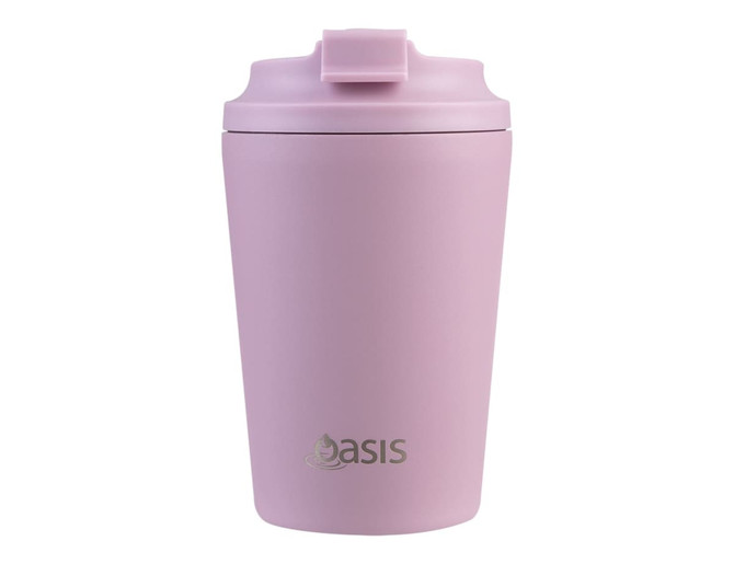 A pink insulated coffee cup with a ceramic lining and a lid, featuring a logo on the front.