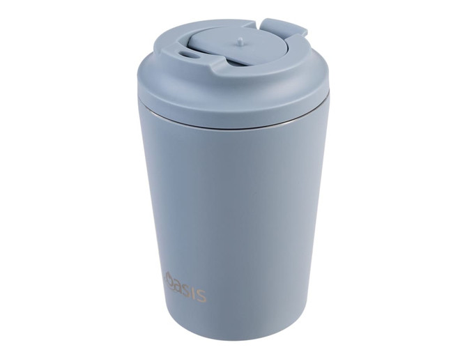 A drink bottle in a light blue finish with a ceramic lining and a secure lid, featuring a logo.