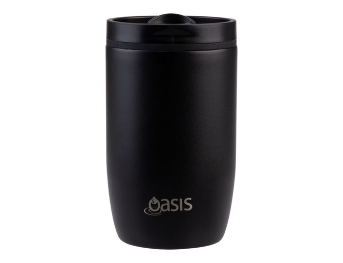 A drink bottle in matte black with a lid, featuring an insulated design and a branding logo.