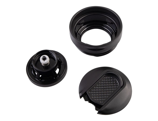 A drink bottle lid and components in black, featuring a textured grip and leakproof design. Includes an inner seal.