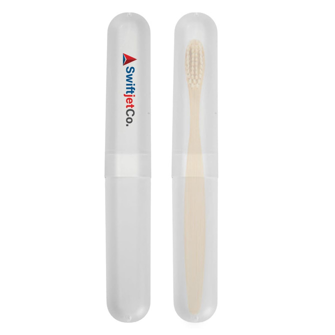A clear toothbrush case with a bamboo toothbrush inside, featuring a logo on the exterior.