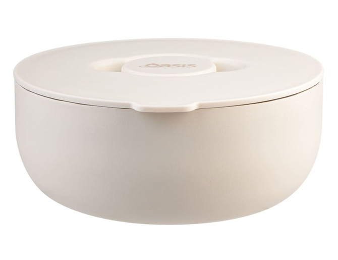 An insulated cream lunch bowl with a lid, featuring a logo on the side.