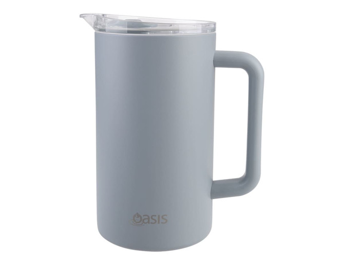 A drink bottle with a grey matte finish, featuring a clear lid and a sturdy handle. It includes a branding logo.