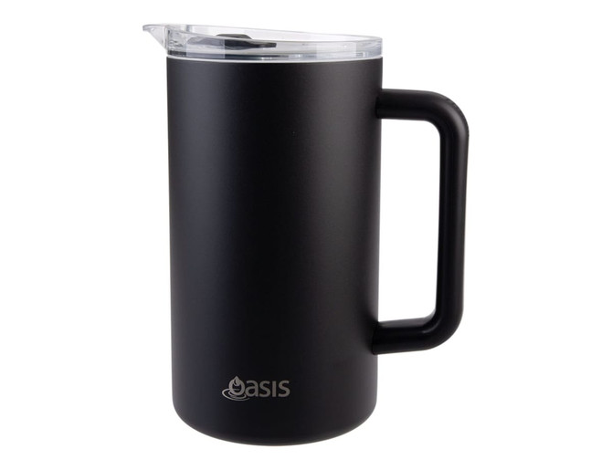 A drink bottle featuring a matte black exterior, a clear lid, and a sturdy handle, with a logo on the front.