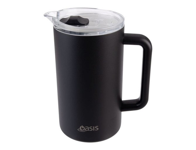 A drink bottle with a matte black finish and a clear lid, featuring a handle and a logo.