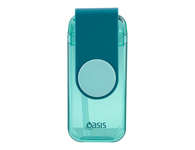 A drink bottle featuring a teal body with a blue lid and a straw, complete with a logo.
