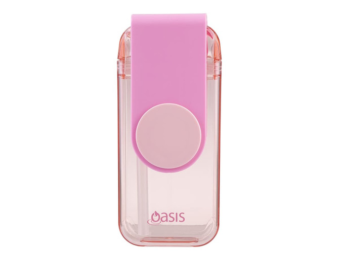 A drink bottle featuring a pink lid and base, with a clear body and a logo on the front.