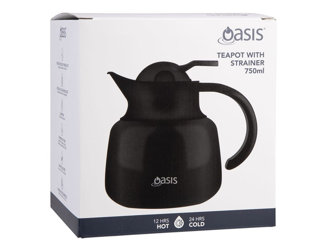 A teapot with strainer in black, holding 750ml, featuring a stylish design and a logo.