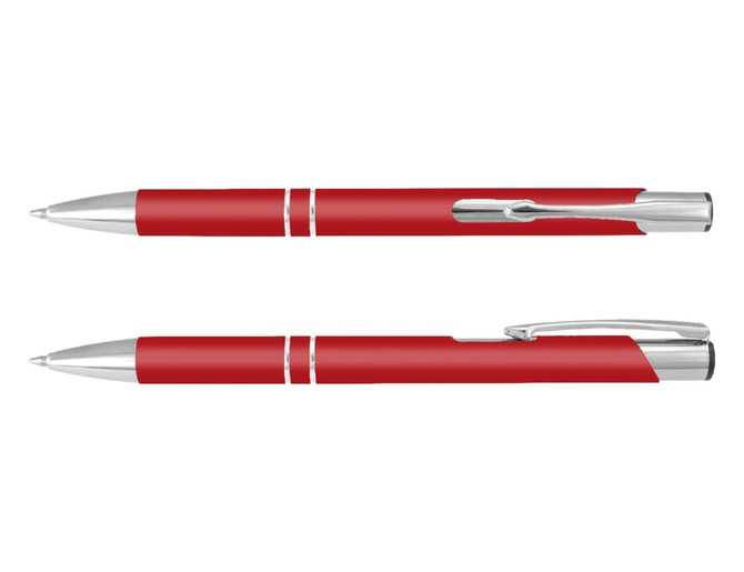 A red pen with silver accents and a sleek design, featuring a clip and a smooth barrel.