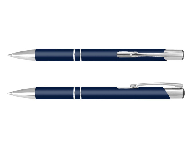 A navy blue pen with silver accents, featuring a sleek design and a clip for attachment.