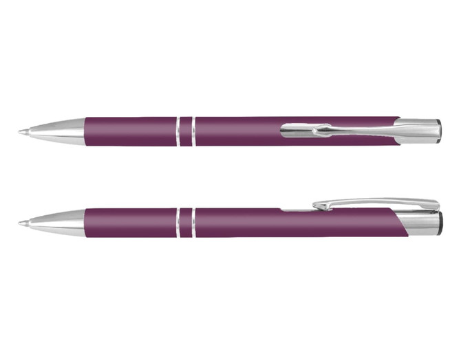 A purple pen with silver accents, featuring a sleek design and a clip for easy attachment.