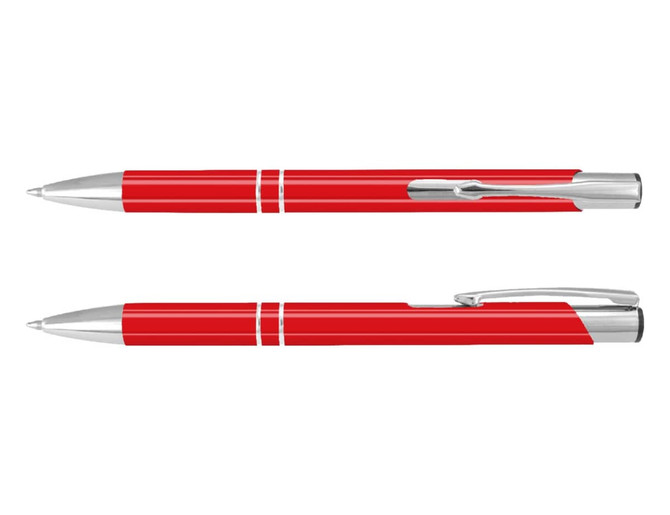 A red lacquer pen with silver accents and a clip, displayed from two angles.