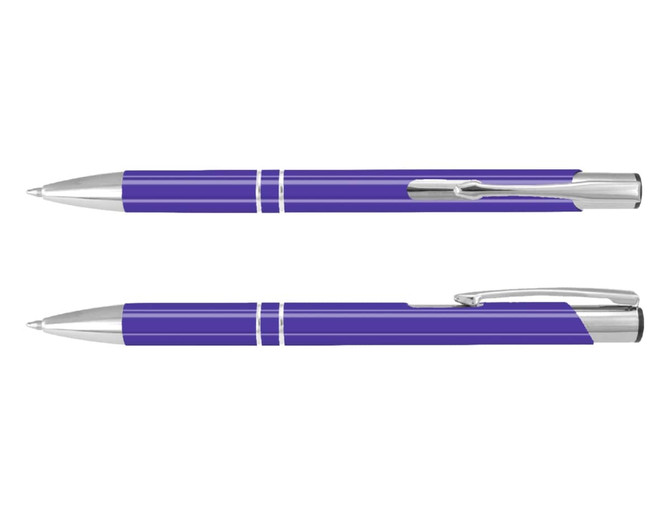 A purple lacquer pen with silver accents, featuring a polished metal clip and decorative bands.