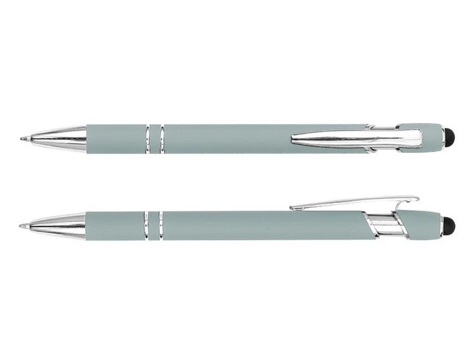 A stylus pen in a muted green colour with silver accents and a rubber tip. It features a clip and branding.