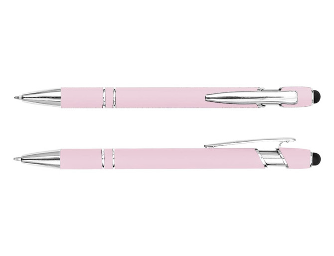 A pink stylus pen with silver accents and a clip, featuring a sleek and modern design.