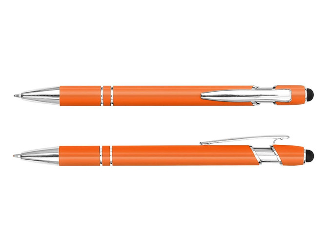 An orange stylus pen with chrome accents and a black tip, featuring a logo on its body.