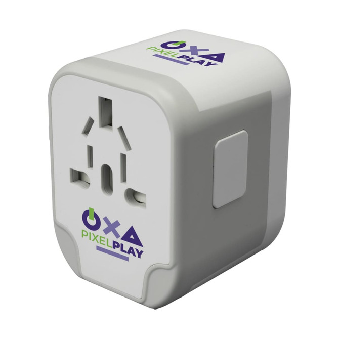 A travel adaptor with multiple plug configurations and branding that reads "OXA PIXELPLAY."