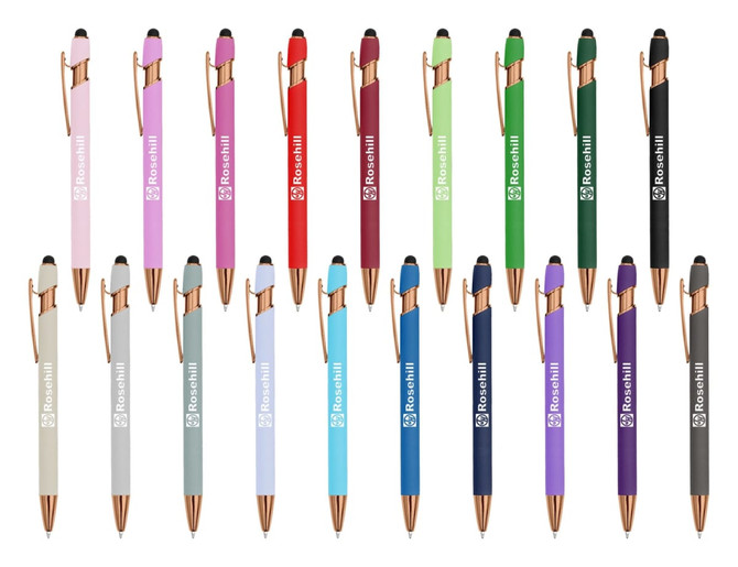 A collection of stylus pens in various colours like pink, red, green, and blue, featuring rose gold accents and branding.