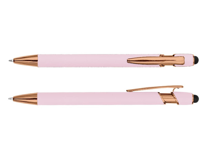 A rose gold stylus pen with a pink barrel, featuring a logo and a smooth writing tip.