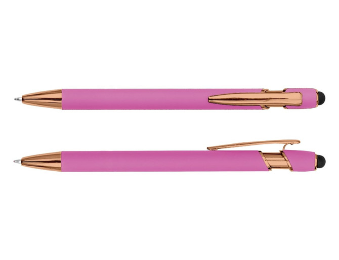 A pink stylus pen with rose gold accents, featuring a sleek design and a rubber tip for touchscreens.