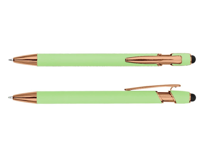 A green stylus pen with rose gold accents, featuring a sleek design and a logo.