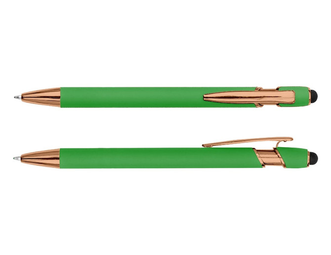A green stylus pen with rose gold accents, featuring a sleek design and a black tip for touchscreen use.