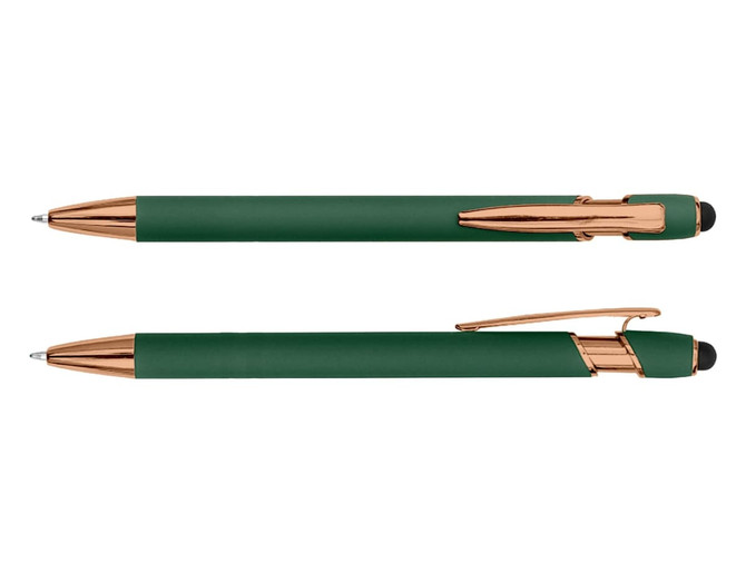 A green stylus pen with rose gold accents, featuring a logo on the barrel.