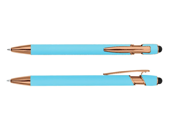 A stylus pen in turquoise with rose gold accents, featuring a smooth finish and a logo.