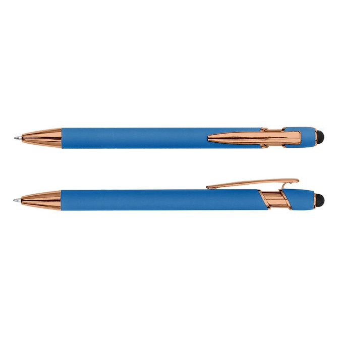 A blue stylus pen with rose gold accents, featuring a smooth finish and a branding logo on the side.