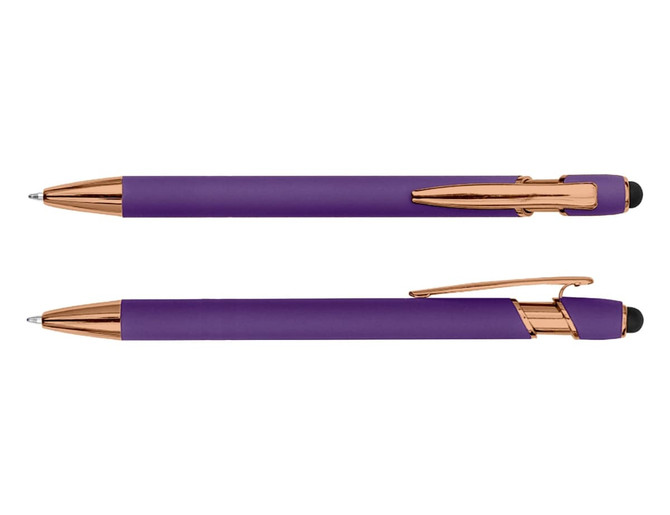 A purple stylus pen with rose gold accents and a clip. It features a rounded tip and a sleek design.