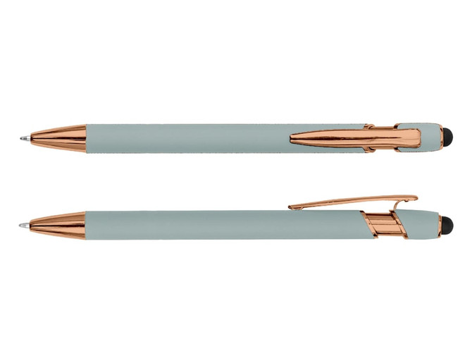 A stylus pen featuring a mint green body with rose gold accents and a rubber tip for touchscreen use.
