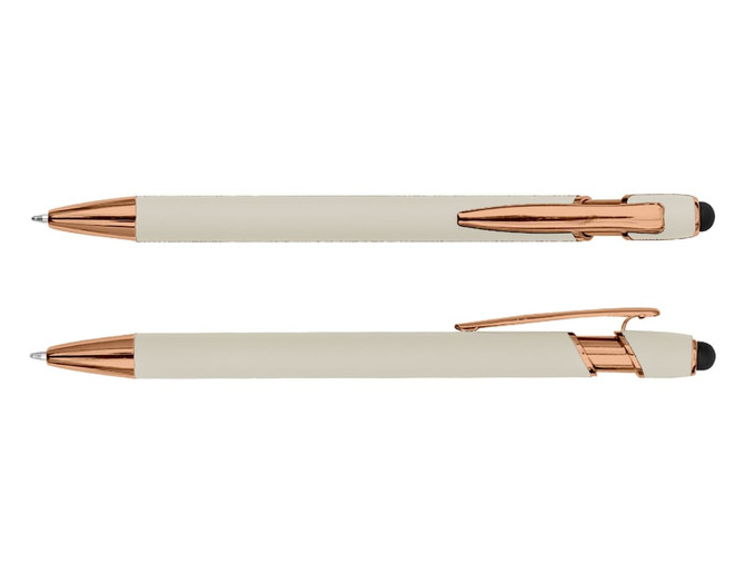 A set of two stylus pens in cream with rose gold accents, featuring a logo on the barrel.
