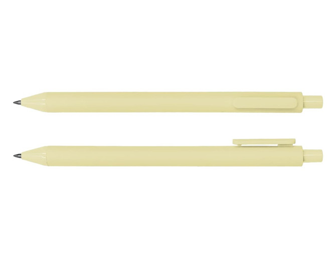 A yellow ballpoint pen displayed from two angles, featuring a sleek design and a clip for attachment.