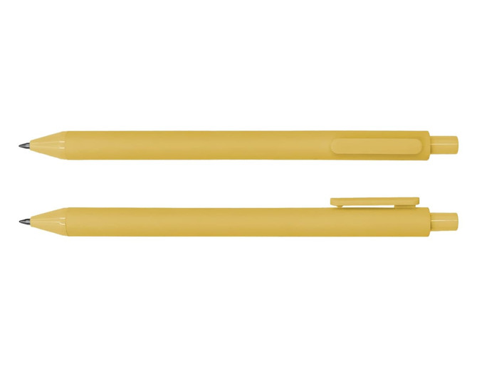 A yellow ballpoint pen displayed upright and horizontally, featuring a simple design and a clip.