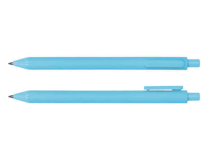 A blue ballpoint pen with a smooth design, featuring a clip for easy attachment. Two pens are displayed.