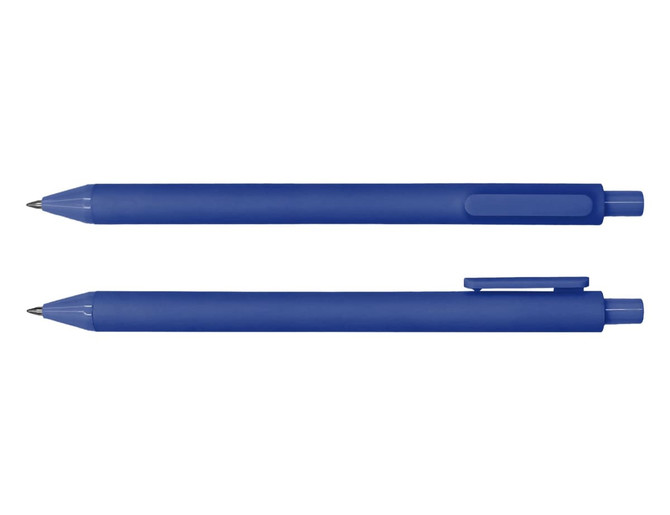 A blue ballpoint pen displayed from two angles, featuring a smooth design and a clip for easy attachment.